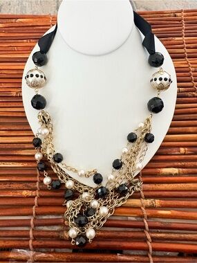 Gold Chain Multi-Strand Necklace with Black Beads & Pearls 33”-36”